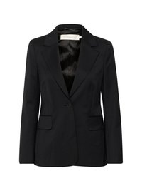 Black blazer made of smooth fabric with a notched lapel, single button closure, two front pockets, and a satin interior lining.