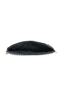 Clutch bag featuring a woven black and white exterior, zip closure, and smooth black interior lining. Lightweight and slim design.