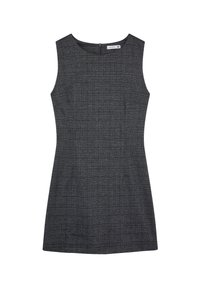 Sukienka bez rękawów w odcieniu szarym z wzorem w kratkę, dopasowana w talii, okrągłym dekoltem oraz z zamkiem błyskawicznym z tyłu. Dopasowany fason podkreśla sylwetkę.