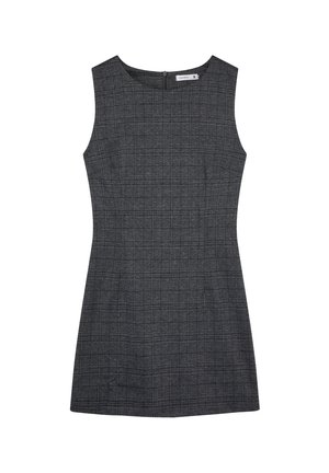 Abito grigio senza maniche con motivo a scacchi, corpetto aderente, scollatura rotonda e chiusura con zip sul retro. La forma sagomata esalta la struttura.