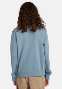 Sudadera azul claro con un corte relajado, puños y dobladillo acanalados. Tejido suave y diseño sencillo; sin patrones o elementos distintivos.