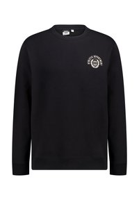 Black cotton sweatshirt with crew neck, ribbed cuffs, and embroidered logo reading "Athletic Department" in white on the front.