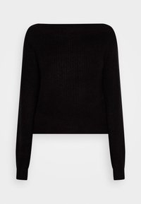 Czarny prążkowany sweter dzianinowy z długimi rękawami i krótkim krojem. Posiada szeroki dekolt oraz dopasowane mankiety dla smukłego wyglądu.