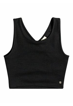 Schwarzes, kurzes Tanktop mit strukturiertem Oberflächendesign, breiten Trägern und tiefem V-Ausschnitt. Mit einem kleinen Metall-Logo-Akzent nahe dem Saum.