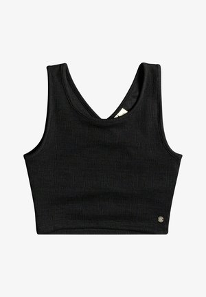 Top cropped negro con una superficie texturizada, tirantes anchos y un escote en V profundo. Presenta un pequeño acento de logo metálico cerca del dobladillo.