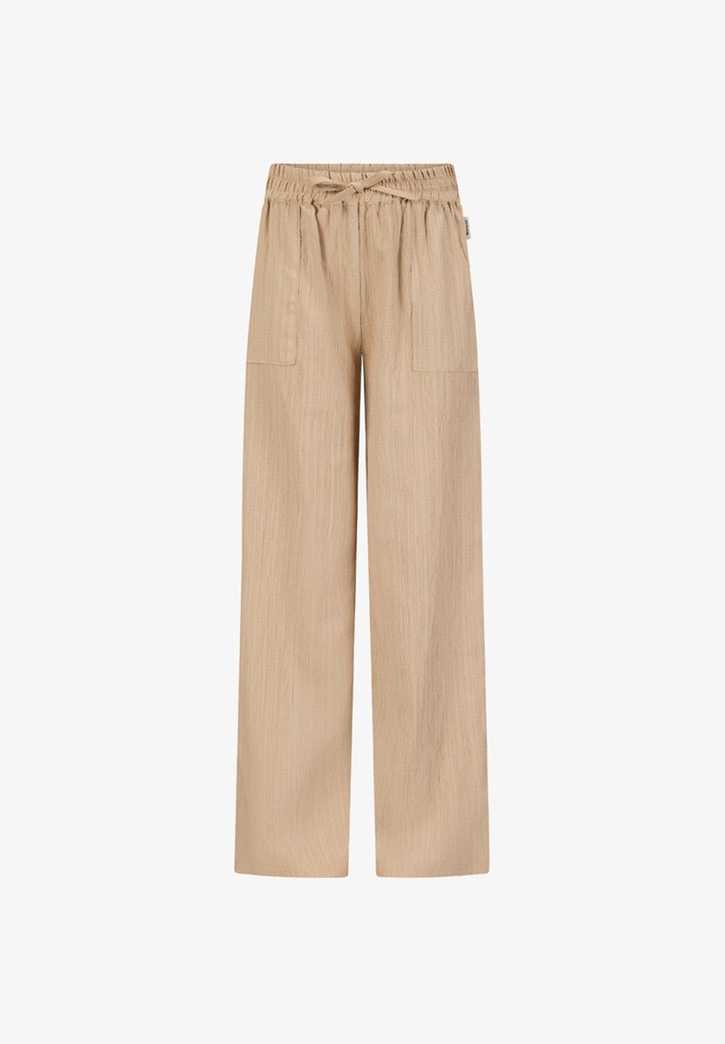 Beige wijde broek met elastische tailleband, aantrekkoord en twee voorzakken van een gestructureerde stof.