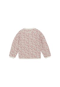 Långärmad tröja med blommönster i rosa och kräm, med ribbad halsringning och ärmslut, tillverkad av mjukt strukturerat tyg.