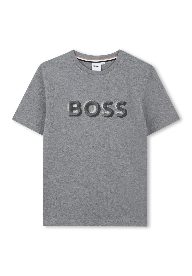 Grijze katoenen T-shirt met een ronde halslijn en korte mouwen. "BOSS" logo in donkergrijs gedrukt op de borst. Zachte textuur.