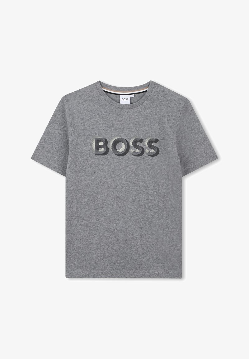 Grijze katoenen T-shirt met een ronde halslijn en korte mouwen. "BOSS" logo in donkergrijs gedrukt op de borst. Zachte textuur.