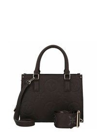 Borsa a mano in pelle marrone scuro con loghi circolari in rilievo, doppi manici superiori, tracolla staccabile e dettagli in metallo.