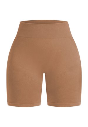 Bruine high-waisted shorts gemaakt van rekbaar materiaal, met subtiele textuur en diagonale patroonaccenten aan de zijkanten.