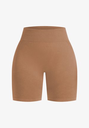 Braune hochtaillierte Shorts aus elastischem Material, mit subtiler Textur und diagonalen Musterakzenten an den Seiten.