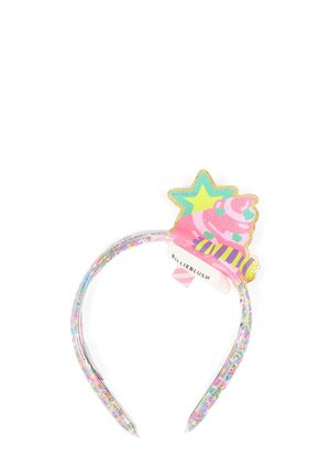 Cinta para la cabeza con confites de colores encerrados en plástico transparente y una decoración superior con cupcake rosa, estrella amarilla y rayas moradas.