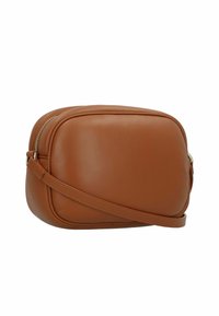 Borsa a tracolla in pelle marrone con forma arrotondata, chiusura frontale a zip, tracolla regolabile e superficie liscia.