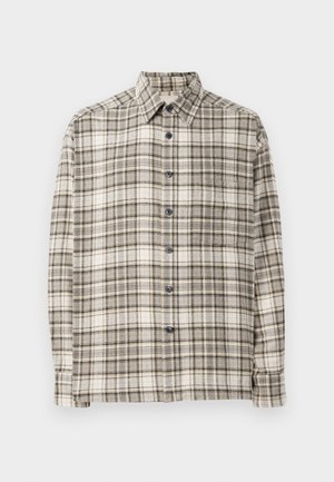 Kockás, bézs és szürke színű gombos ing, kék gombokkal. Hosszú ujjas, galléros és laza fazonú. Puha anyagból készült.