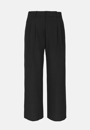 Pantalons noirs à jambe large en tissu texturé, dotés d'une taille haute, de plis à l'avant et de passants de ceinture. Design classique adapté à diverses occasions.