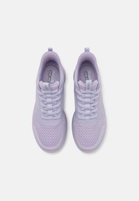 Purple mesh athletic shoes with a lightweight design, round toe, and elastic laces. Features a textured sole and a supportive ankle collar.