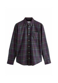 Camicia con bottoni caratterizzata da un motivo scozzese blu navy con accenti rossi e dorati. Maniche lunghe, taschino singolo sul petto e colletto. Tessuto in cotone.