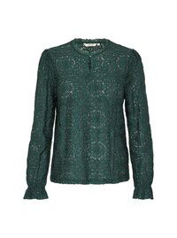 Green lace long-sleeve blouse with a round neckline, keyhole detail, and ruffled cuffs; features floral and geometric patterns.