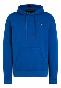 Felpa blu a maniche lunghe con tasca frontale a canguro, cordini e piccolo logo ricamato "TH" sul petto.