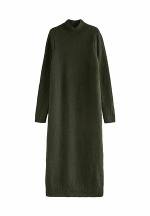 Stickad klänning med lång ärm i mörkgrön med hög krage. Har texturerade, ribbade ärmar och en rak silhuett, tillverkad av mjukt tyg.