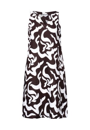 Černobílé abstraktně vzorované midi šaty bez rukávů s výstřihem do V a volným áčkovým střihem.