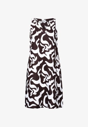 Sleeveless black and white abstract patterned midi dress with a V-neck and a loose, A-line fit.