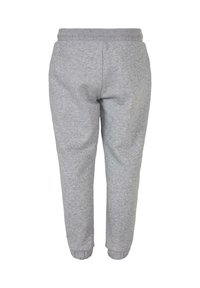 Vista trasera de unos pantalones jogger gris claro, con cintura elástica y puños acanalados en los tobillos.