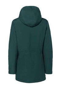 Giacca impermeabile color turchese con cappuccio, maniche lunghe e vita aderente. Texture liscia senza motivi visibili o dettagli hardware.