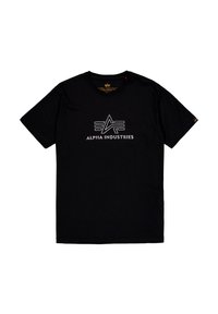 Schwarzes T-Shirt aus Baumwolle, mit einem weißen Grafikdesign und dem aufgedruckten Text sowie Logo "ALPHA INDUSTRIES" auf der Vorderseite. Kurze Ärmel.