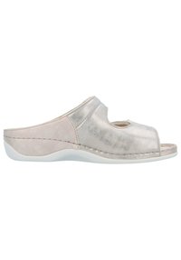 Open-toe slip-on shoes featuring a silver metallic upper, soft pink suede accents, and a lightweight white sole with stitched detailing.