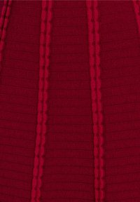 Tissu rouge à côtes avec des rayures verticales et des détails festonnés, présentant un motif texturé et une finition lisse.