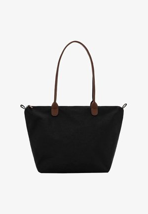 Black canvas tote bag with brown leather handles and accents. Spacious, soft texture, and zipper closure at the top for security.