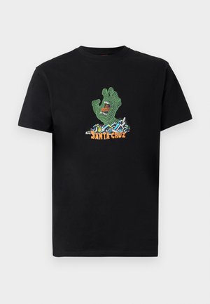 Czarny bawełniany t-shirt z zieloną siateczkową grafiką dłoni z otwartą buzią, otoczoną kolorowymi elementami oraz napisem "SANTA CRUZ".