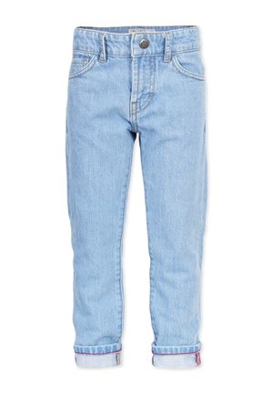 Jasnoniebieskie jeansy z denimu z podwiniętymi mankietami, zapinane na guzik i zamek błyskawiczny z przodu oraz stylem z pięcioma kieszeniami dla dzieci.