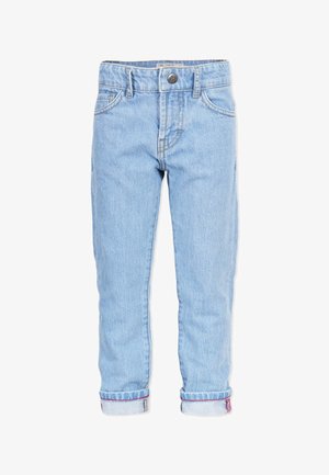 Lyseblå denimjeans med opkrogede manchetter, frontknap og lynlås samt fem-lomme stil til børn.