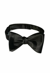 Sort satin butterflyknude med en glat tekstur, der har en central knude og et justerbart rem for tilpasning.