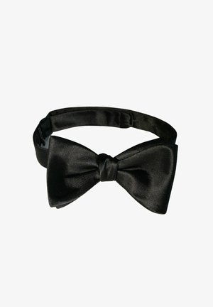 Zwarte satijnen vlinderdas met een gladde textuur, voorzien van een centrale knoop en een verstelbare band voor een perfecte pasvorm.