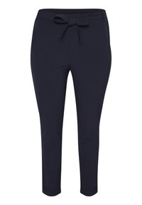 Marinebukser i glat stof med bindebånd i taljen, tætsiddende pasform og manchetter nederst. Ingen synlige lommer.