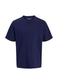 T-shirt en coton bleu marine à manches courtes et encolure ronde, avec un design uni et une coupe décontractée, sans graphiques ni embellissements.