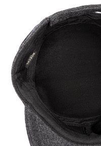Gray wool hat with a black inner lining and smooth texture. Features a label inside, showing brand name and details.