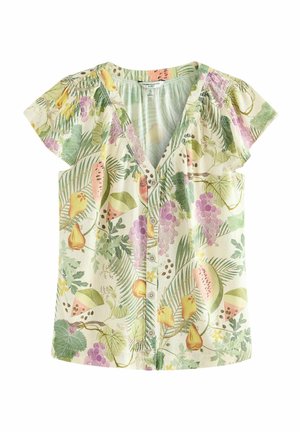 Lichte blouse met korte mouwen en V-hals, met een fruit- en bladenpatroon in pastelkleuren op een crème achtergrond. Voor sluiting met knopen.