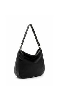 Black leather hobo bag with a textured finish, a single shoulder strap, and a heart-shaped tag attached. Features silver hardware accents.