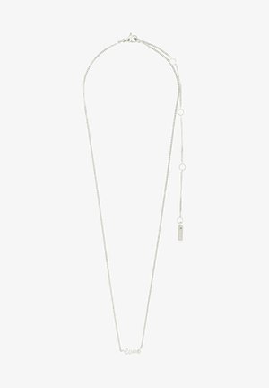 Sølv halskæde med en delikat kæde, der har en "kærlighed" vedhæng og et lille tag som accent på et længere justerbart kædesegment.