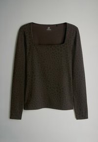 Tumšā brūnā krāsā garas piedurknes tops ar kvadrātveida izgriezumu un smalku leopardu rakstu. Mīksta auduma ar gludu tekstūru.