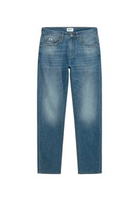 Jeans de mezclilla azul claro con corte recto, cinco bolsillos y un ligero desgaste en los muslos. Cierre clásico de botón y cremallera.