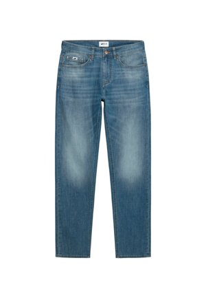Jeans in denim azzurro chiaro con taglio dritto, cinque tasche e un leggero sbiadimento sulle cosce. Chiusura classica con bottone e zip.