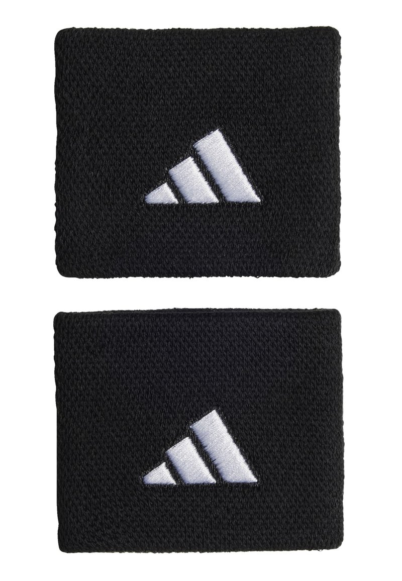 Melnas kokvilnas rokassprādzes ar izteiktu baltu izšūtu trīslīniju logotipu priekšpusē, ar teksturētu adījuma apdari.