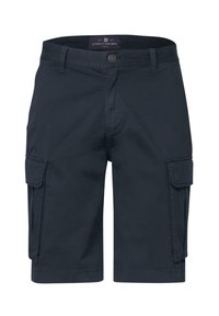 Námořnické modré pánské volné cargo šortky s knoflíkovým zapínáním, poutky na opasek a klopovými kapsami na každé straně.