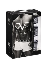 Verpakking van boxershorts in katoen stretch met een zwarte decoratieve tailleband, waarop een Grieks sleutelpuntpatroon en logo zijn afgebeeld.